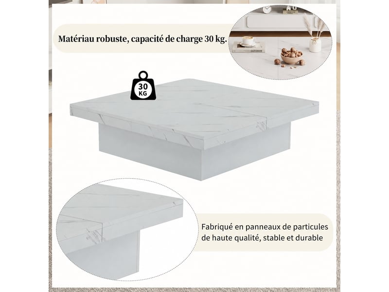  Table basse carrée blanche 90x90x25 cm, effet marbre, plateau coulissant, 4 tiroirs de rangement, meuble salon moderne  - Conforama B