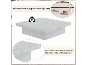 Table basse carrée blanche 90x90x25 cm, effet marbre, plateau coulissant, 4 tiroirs de rangement, meuble salon moderne