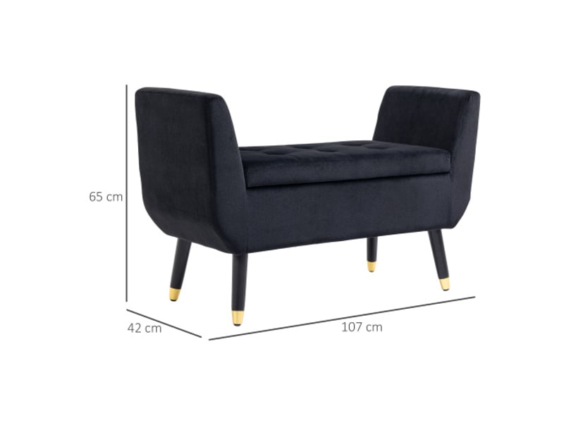  Banc coffre noir effet velours avec accoudoirs, rangement, bois d’hévéa, 107x42x65 cm  - Conforama B