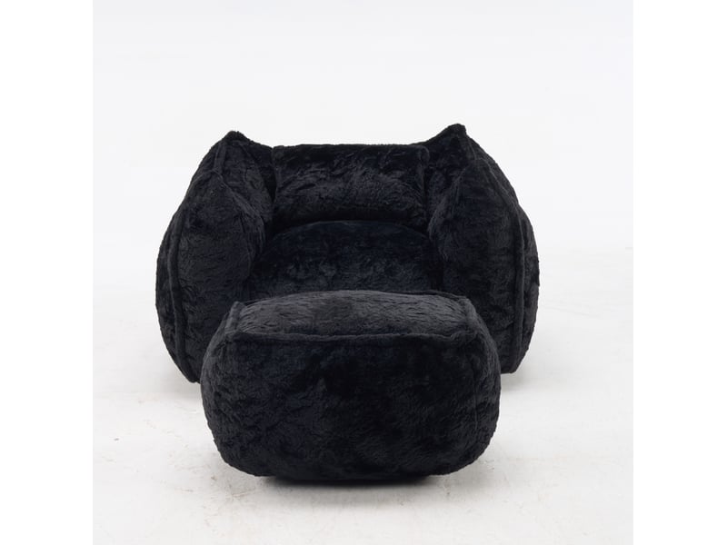  Fauteuil‑poire géant 123x157x73 cm fauteuil lounge avec coussin et pouf, sans montage, remplissage mousse, fausse fourrure, noir  - Conforama D