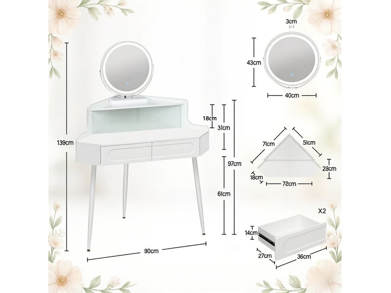  Coiffeuse d'angle 63 x 99 x 139 cm blanche en mdf, miroir rond éclairé réglable, rangements intégrés  - Conforama C