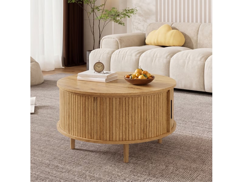  Table basse ronde 80x80x59cm, rangement et porte coulissante, en mdf, plateau réglable en hauteur, pour salon, chêne  - Conforama B