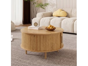 Table basse ronde 80x80x59cm, rangement et porte coulissante, en mdf, plateau réglable en hauteur, pour salon, chêne