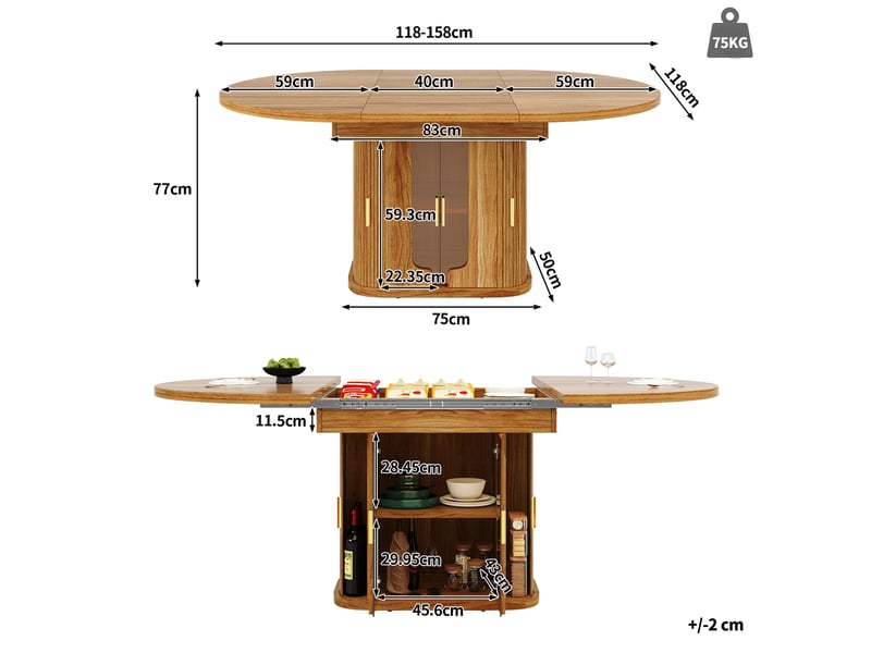  Table de salle à manger ronde, 118x118x77 cm, extensible 6 places pour 6 personnes, repas, pratique, mdf, coloris noyer  - Conforama C
