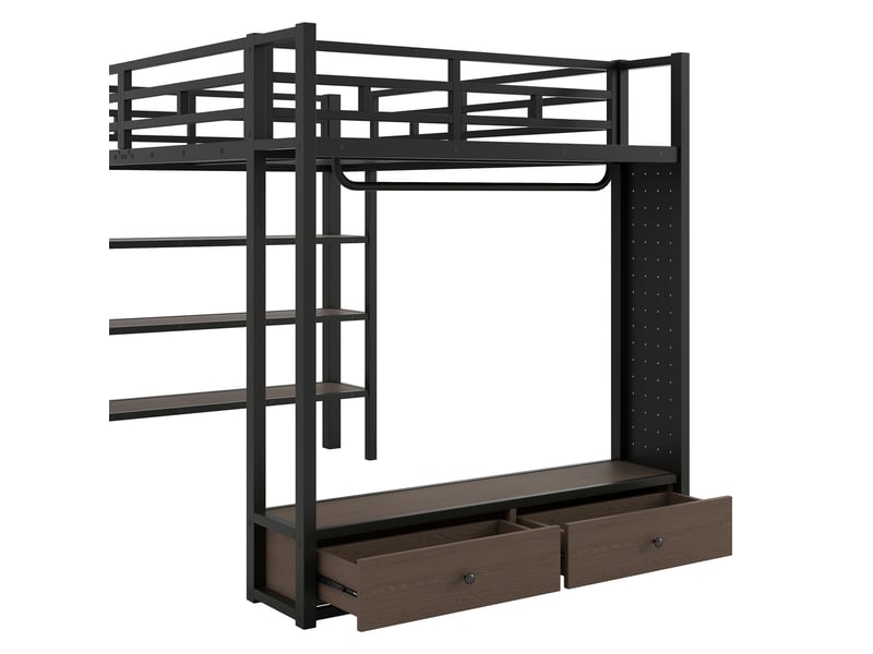 Lit mezzanine 140x200 cm noir, avec penderie, rangements, 2 tiroirs, étagères, panneau perforé, led 7 couleurs, structure métal, sommier inclus, sans matelas - Conforama D