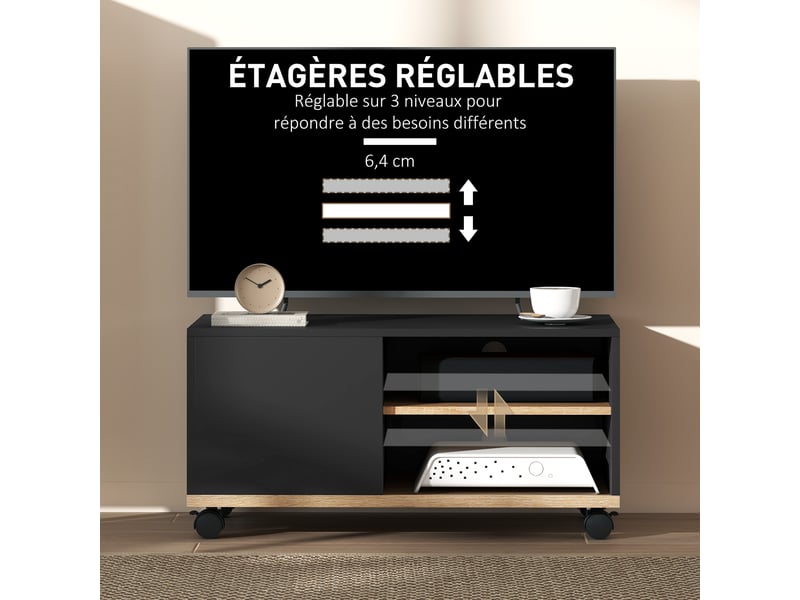  Meuble tv sur roulettes avec 2 freins - en bois noir chêne clair - 2 niches + placard porte 2 passe-fil  - Conforama R
