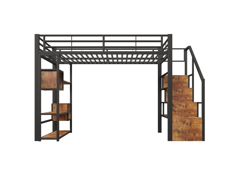  Lit mezzanine 140x200 cm, lit enfant, rangement, échelle sécurisée, barrière antichute, led, bois et métal noir  - Conforama B