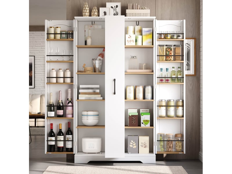 Buffet de cuisine haut avec 2 portes, 4 étagères et tiroir vertical à épices, en mdf blanc, 78 × 40 × 150 cm  - Conforama C
