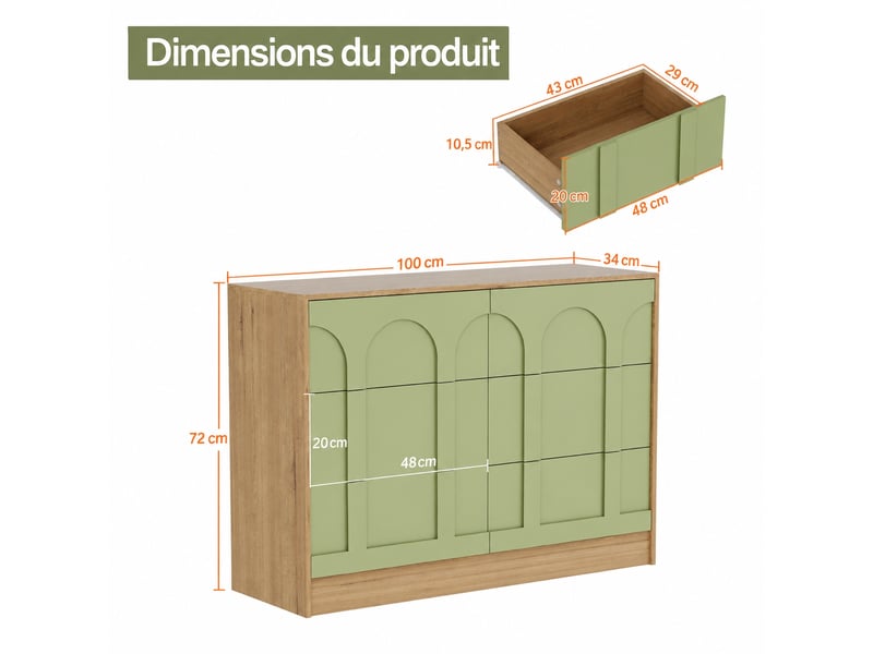Commode verte 6 tiroirs à motifs arches, poignées dissimulées, décor bois clair, 100 x 34 x 72 cm - Conforama B