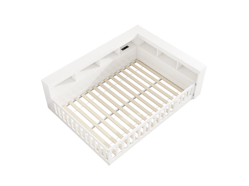  Lit banquette blanc 140x200 cm, rangements, garde-corps, prise et usb, sommier à lattes  - Conforama D