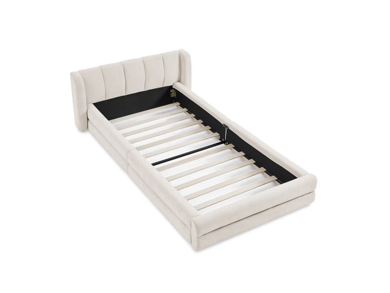  Lit simple 90 x 200 cm en chenille douce, tête de lit ergonomique et structure renforcée, mousse, beige, sans matelas  - Conforama D