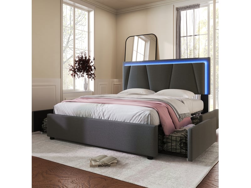 Lit double de rangement 140 x 200 cm gris avec led, tête de lit réglable et 4 tiroirs  - Conforama D