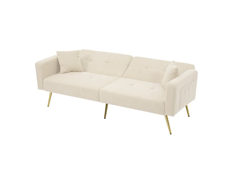  Canapé convertible 3 places – canapé-lit en tissu bouclé avec dossier inclinable, coussins, poches latérales, pieds métal doré, mousse haute résilience – beige  - Conforama A