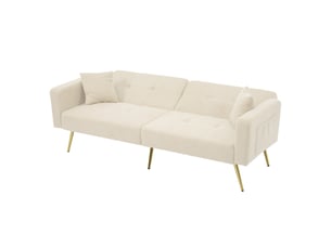 Canapé convertible 3 places – canapé-lit en tissu bouclé avec dossier inclinable, coussins, poches latérales, pieds métal doré, mousse haute résilience – beige