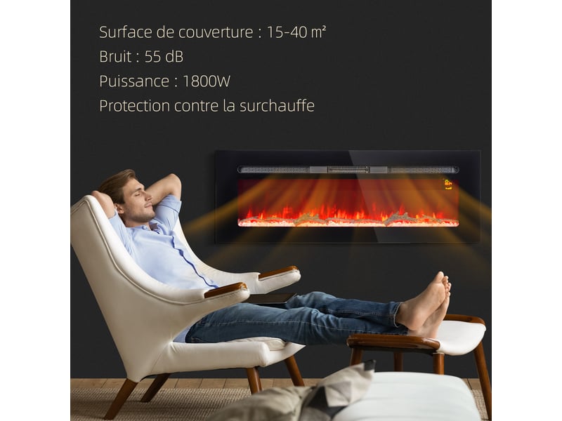 Cheminée électrique murale 1800 w, effet flamme led 3 couleurs, 5 intensités, encastrable - Conforama W