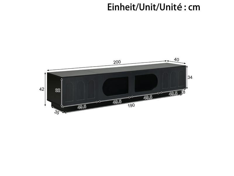  Meuble tv 200x40x42 cm, couleur noir en panneaux de particules et mdf, 4 portes, porte arquée, éclairage led contrôlable par application  - Conforama C