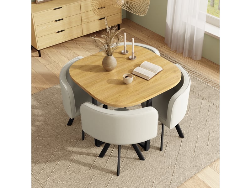  Set table à manger 85x85x74cm + 4 chaises en lin, plateau chêne, pour cuisine et salle à manger, pour 4 personnes, beige+chêne BUYDEEMEUS - Conforama C