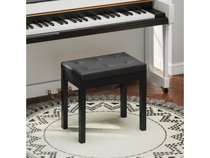 Banc de piano, tabouret de piano avec espace de rangement, pieds en bois, banc de piano en simili cuir, noir, 55 x 34 x 50 cm