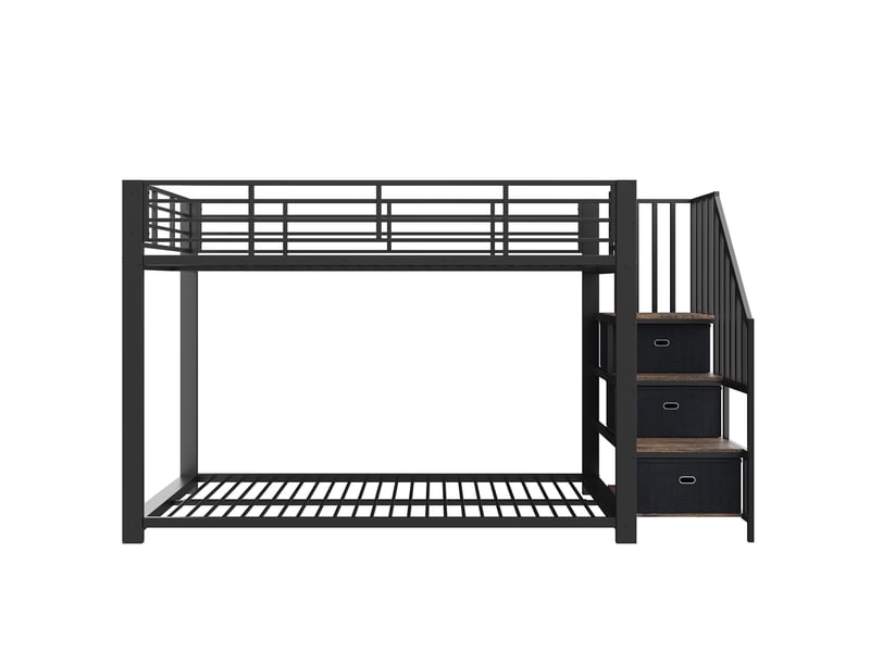  Lit superposé adulte en métal noir 90x200 cm, escalier réversible, led et prises  - Conforama A