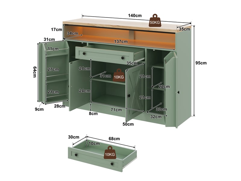  Buffet modenvie led rgb 140 x 35 x 95 cm en mdf vert  - Conforama C