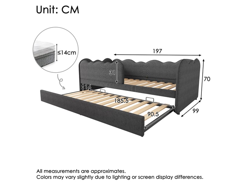  Lit enfant gigogne 90x190 cm avec sommier à lattes, revêtement en lin gris  - Conforama E
