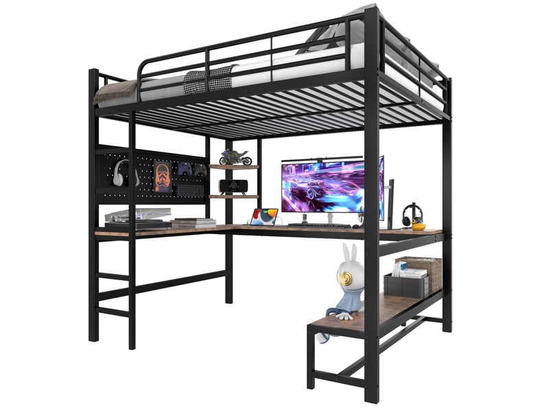  Lit mezzanine 140 x 200 cm noir avec bureau, étagères, led et prises usb type-c  - Conforama A