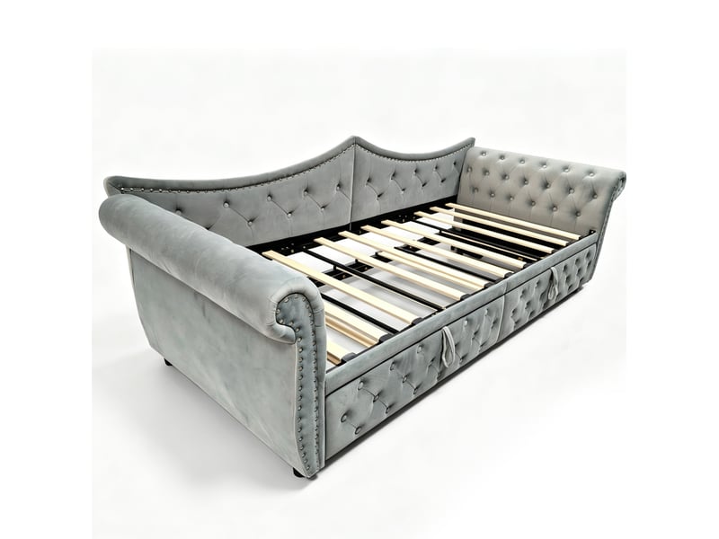 Lit gigogne 3-en-1 90x200 cm en velours gris avec usb et led, sans matelas - Conforama D
