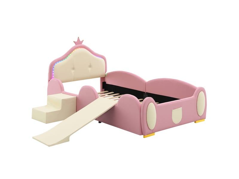 Lit d'enfant 90 x 200 cm, avec bande lumineuse led, toboggan et escalier, en pu, rose + beige - Conforama R