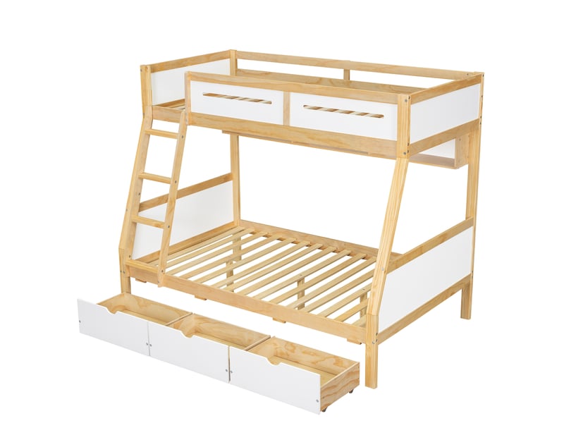  Lit superposé 90x200+120x200 cm, lit enfant avec rangement, 3 tiroirs, barrière, mdf, blanc et naturel sans matelas  - Conforama E