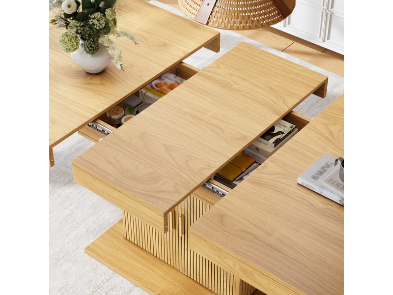 Table à manger extensible 140 à 180 cm, rangement intégré, portes rainurées et étagères amovibles pour salle à manger, chêne clair et noyer evarich - Conforama D