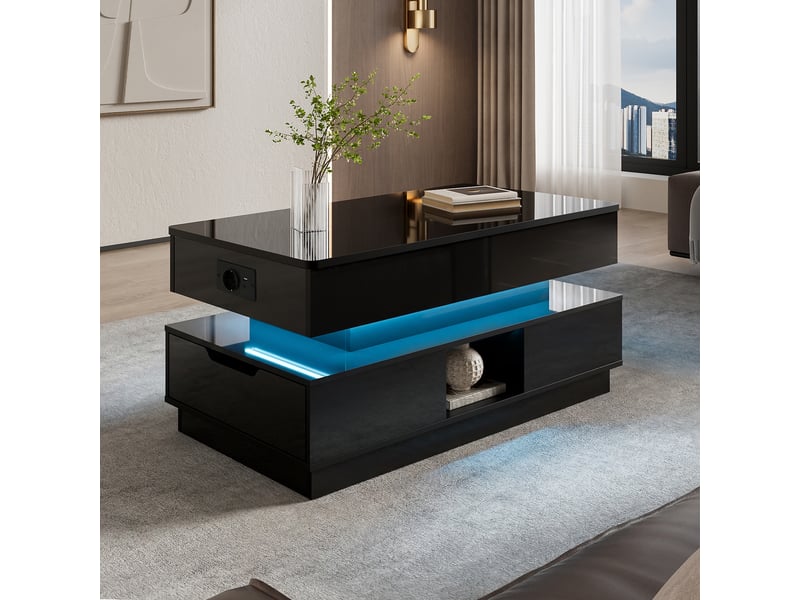  Table basse laquée brillante réglable en hauteur avec rangement, led intégrée et prise électrique  - Conforama W