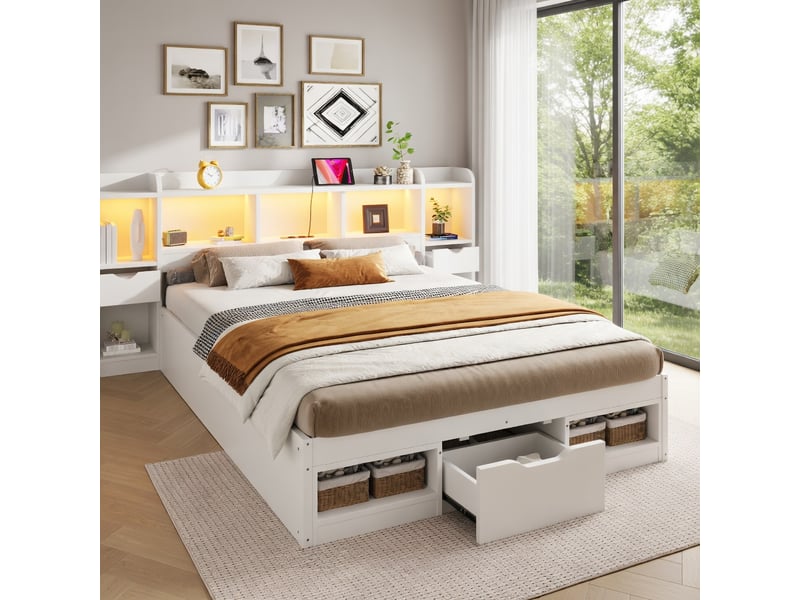  Lit adulte 140 x 200 cm, avec tête de lit dotée d'un espace de rangement, de tiroirs, d'une lampe led et d'un port usb, blanc  - Conforama B