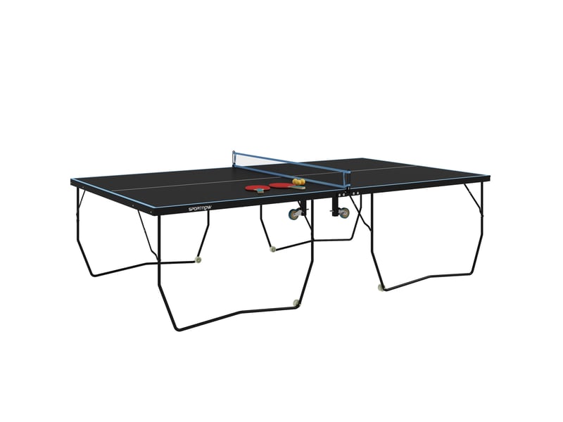Table de tennis de table extérieure pliable noire 274 x 152,5 x 76 cm en mdf et acier, avec filet et 8 roulettes - Conforama A