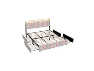 Lit double 140 x 190 cm blanc et rose – velours, tête de lit avec étagère & led, usbtype-c, 4 tiroirs
