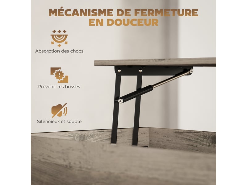  Table basse avec plateau relevable, table de salon avec compartiment caché et étagère ouverte, gris, 95x40x59cm  - Conforama E