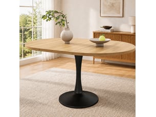 Table extensible ovale 100 à 140 x 100 cm chêne clair et noir, mdf et métal, repas et pauses café