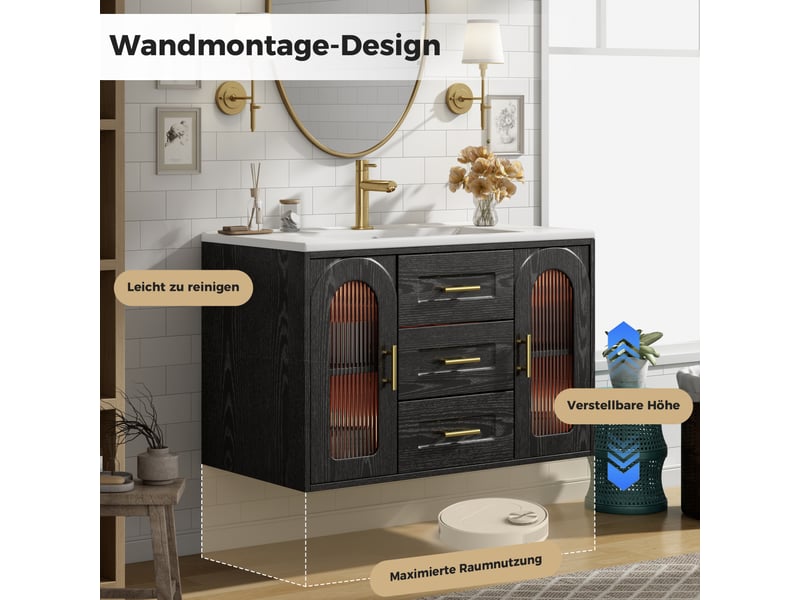  Meuble sous-vasque mural 76 cm noir effet bois, mdf et verre, vasque intégrée, portes cannelées, led et 2 tiroirs  - Conforama D