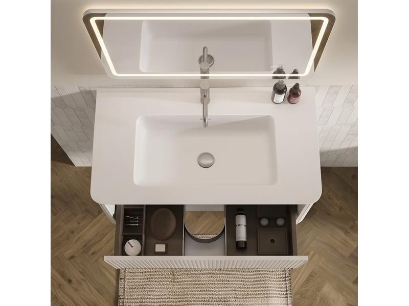 Armoire de salle de bain suspendue avec 1 vasque, miroir led et meuble latéral pour salle de bain, blanc - Conforama E