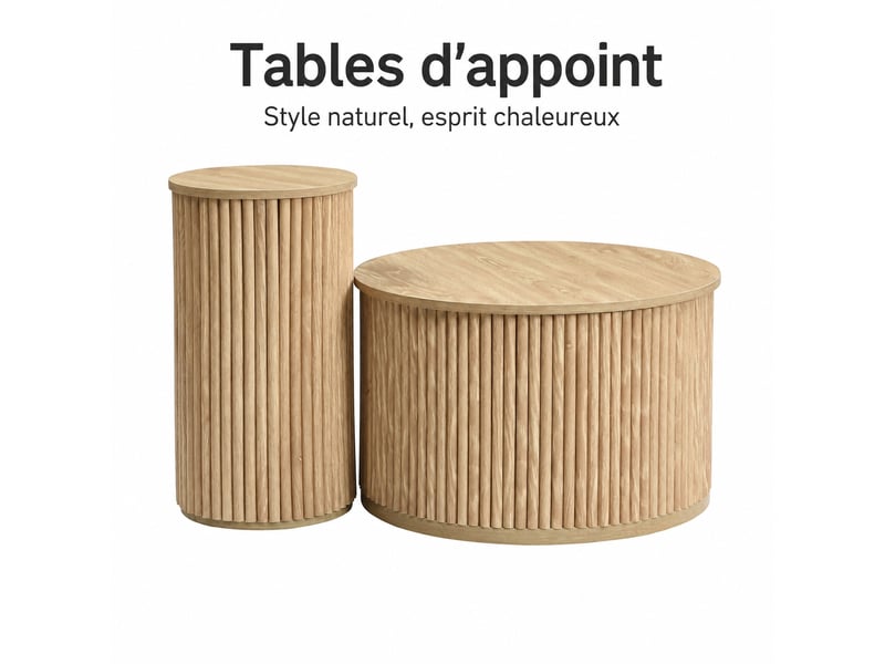  Ensemble de 2 tables basses rondes en mdf naturel avec relief vertical, ø 60 et 30 cm  - Conforama A