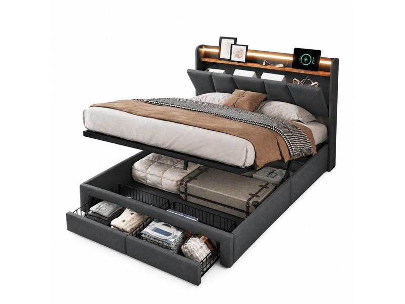  Lit coffre 140x190 avec led et usb, lit double avec led et tiroir lit 2 places avec rangement et tête de lit rembourré cadre de lit capitonnée avec 2 tiroirs lit 2 personnes lin gris, sans matelas  - Conforama A
