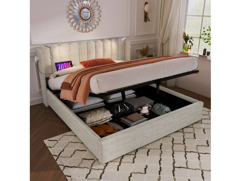  Modenvie lit coffre 140x200 cm - tête de lit avec liseuse usb et rangement, avec matelas - beige  - Conforama E