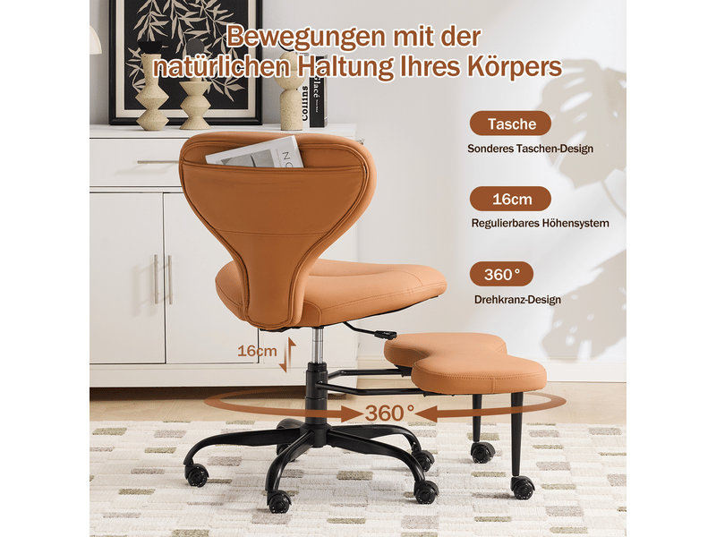  Chaise de bureau jambes croisées orange en simili cuir, assise pivotante 360°, hauteur réglable, repose-pieds rétractable  - Conforama D