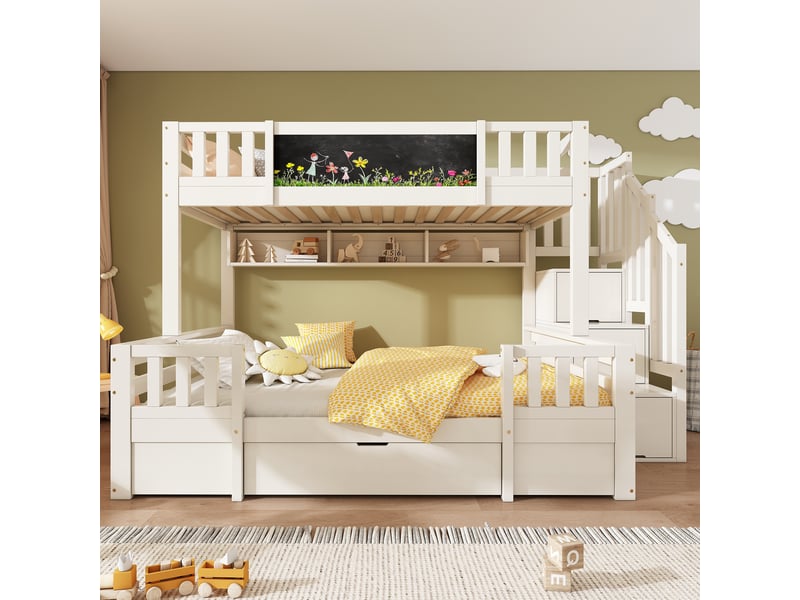  Lit superposé pour 3 enfants 90x200 et 140x200 en bois massif blanc avec tableau à craie et escalier de rangement  - Conforama B