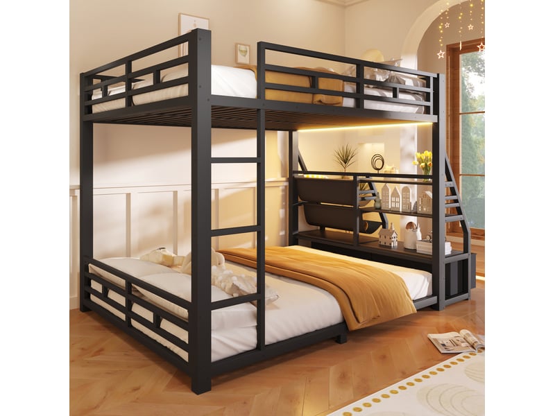  Lit superposé 140x200 cm led, 2 tiroirs tissu, rangement, métal, garde-corps sécurisé, noir, sans matelas  - Conforama D