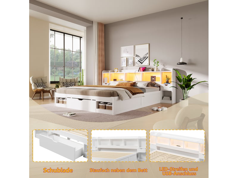  Lit double 180 × 200 cm avec 3 tiroirs, niches, éclairage led et port usb, structure mdf, pour chambre, blanc  - Conforama E