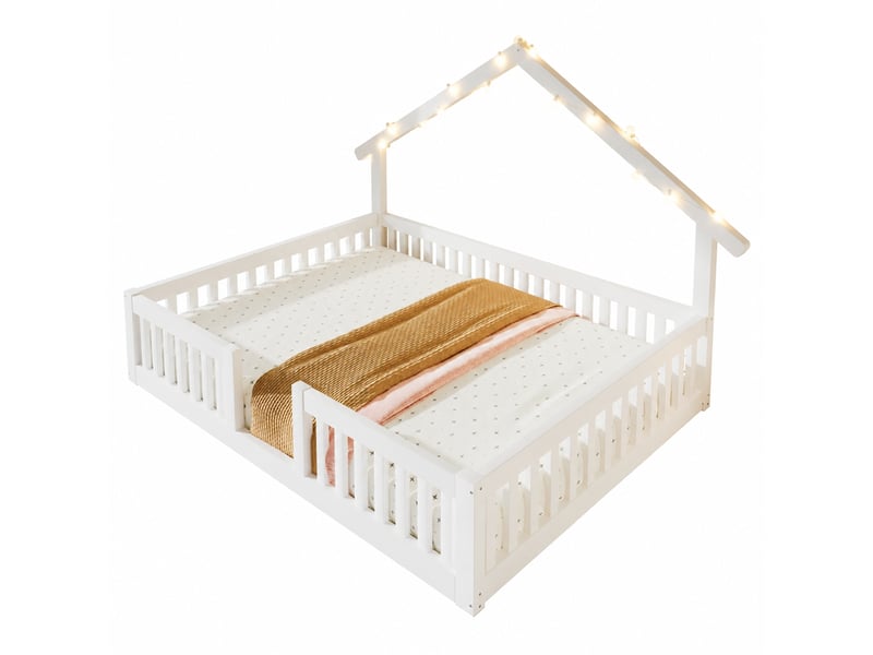  Lit cabane enfant 140 x 200 cm avec barrières de sécurité et guirlande led, blanc  - Conforama A