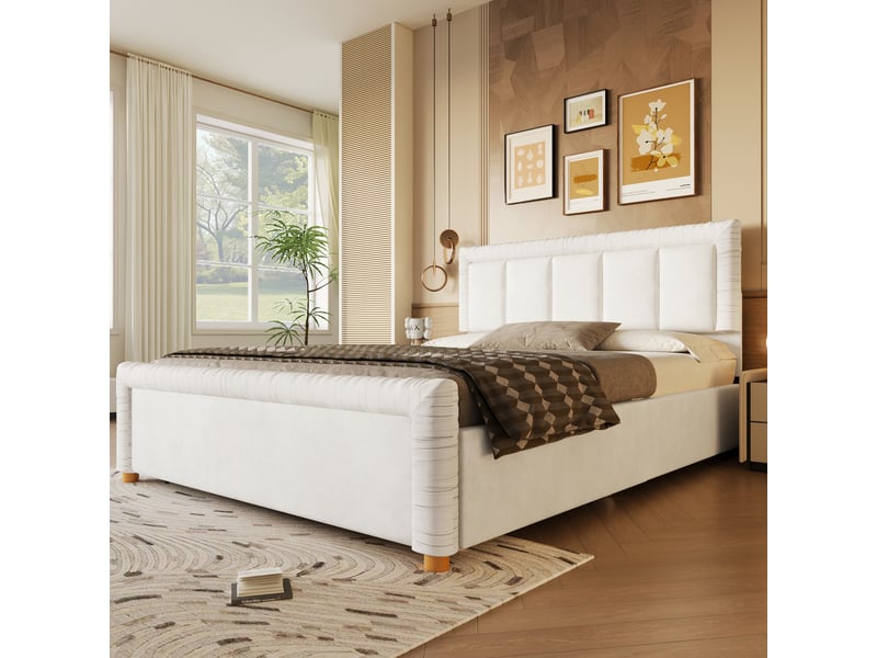 Lit adulte 140x200 cm en velours avec 2 tiroirs de rangement, tête et pied de lit rembourrés, pieds en bois - beige - Conforama E