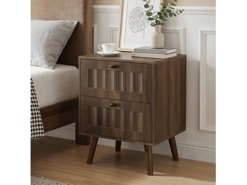  Table de chevet 43,5x40x57,5 cm, 2 tiroirs, design rétro, meuble de chambre, style moderne, mdf et aggloméré, noyer  - Conforama E