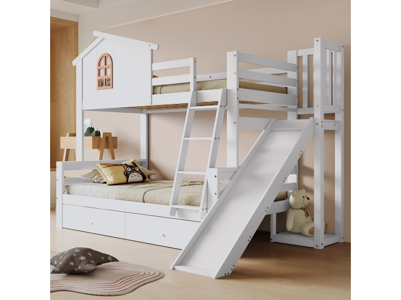  Lit superposé 90x200 &amp; 120x200cm, fenêtres, échelle inclinée 4 marches, toboggan, 2 tiroirs, blanc  - Conforama C