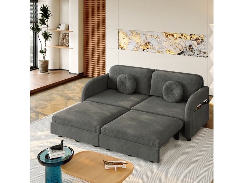 Canapé-lit 2 places 166x84x90 cm 3-en-1, poche latérale, canape droit en métal, bois, mousse et tissu chenille gris - Conforama B